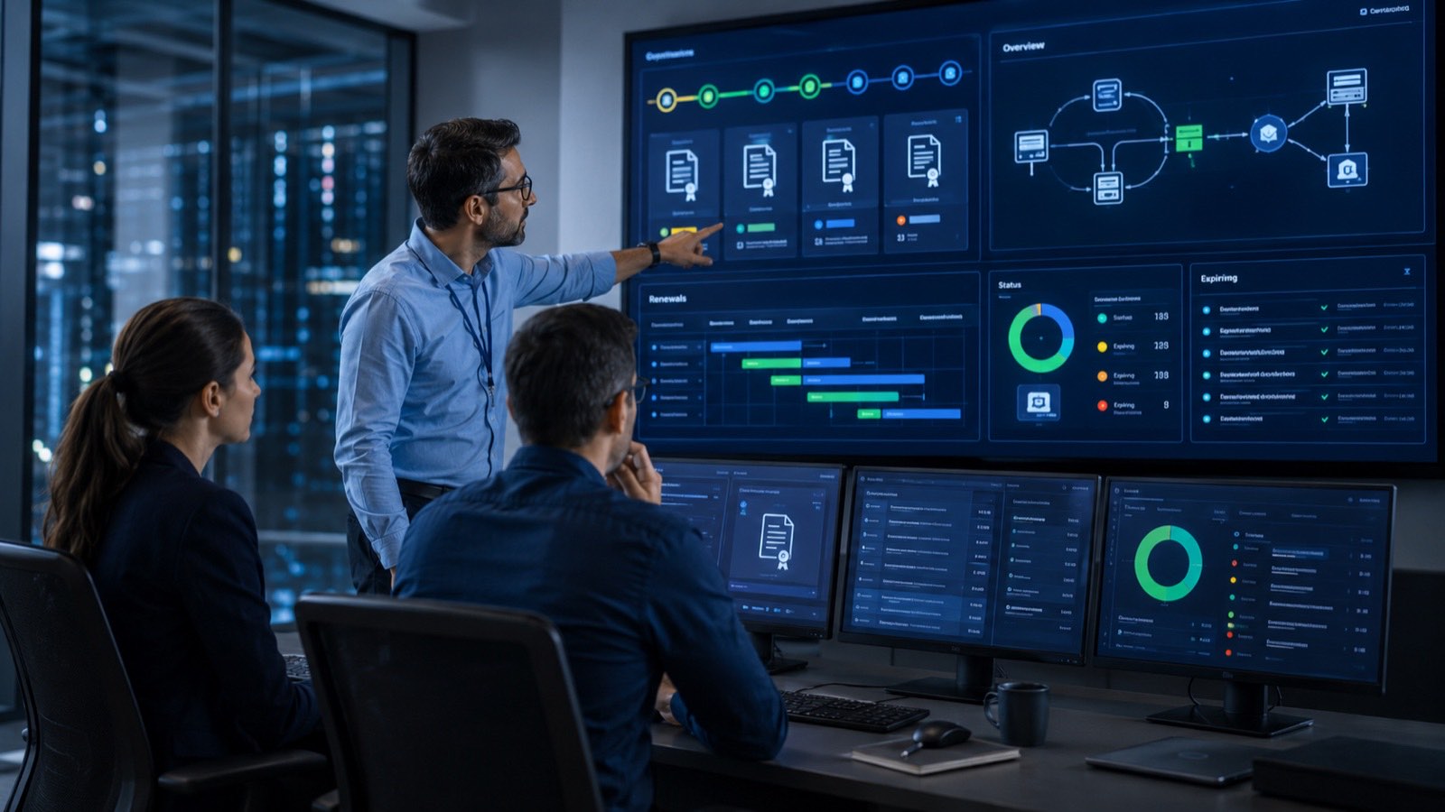 Certificate lifecycle management: renewals, expirations, and status on one dashboard Team reviewing a certificate lifecycle dashboard showing renewals, status, and expirations