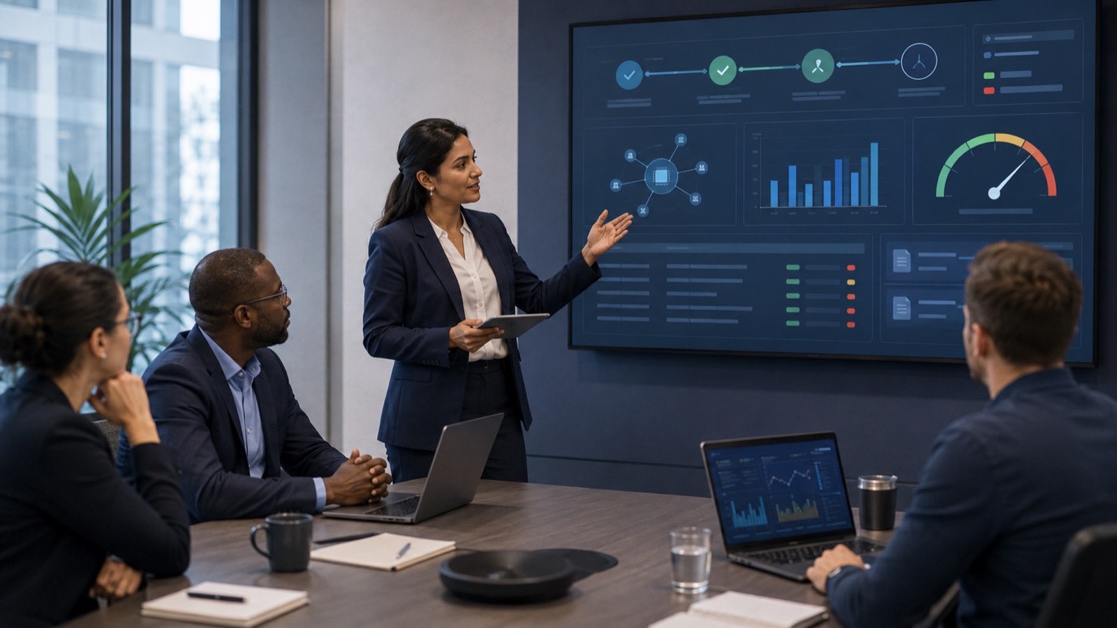 An executive security briefing in progress around a conference table