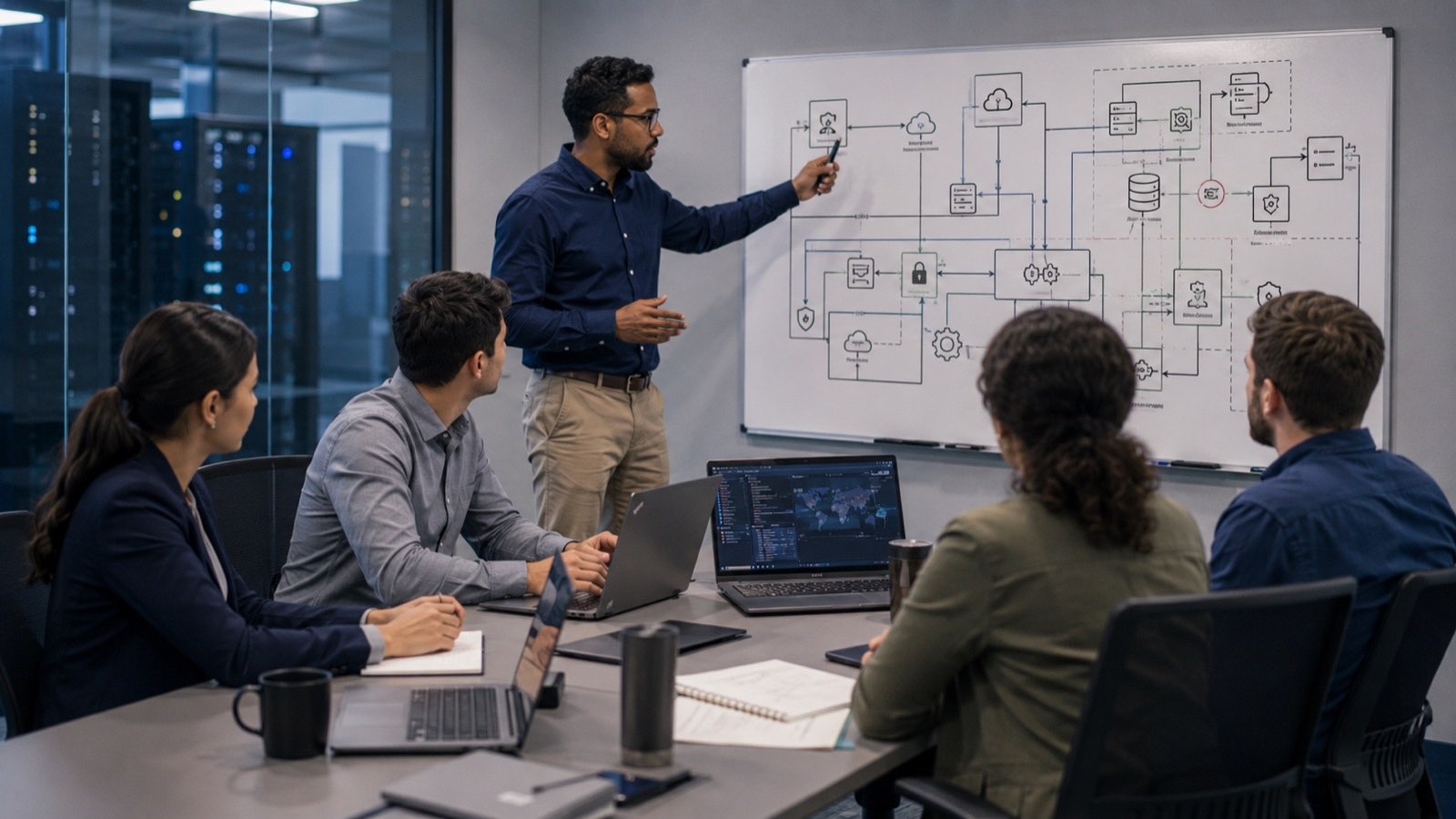 SOAR playbook design: mapping the response workflow before writing a line of code Engineer walking a team through a security automation workflow diagram on a whiteboard