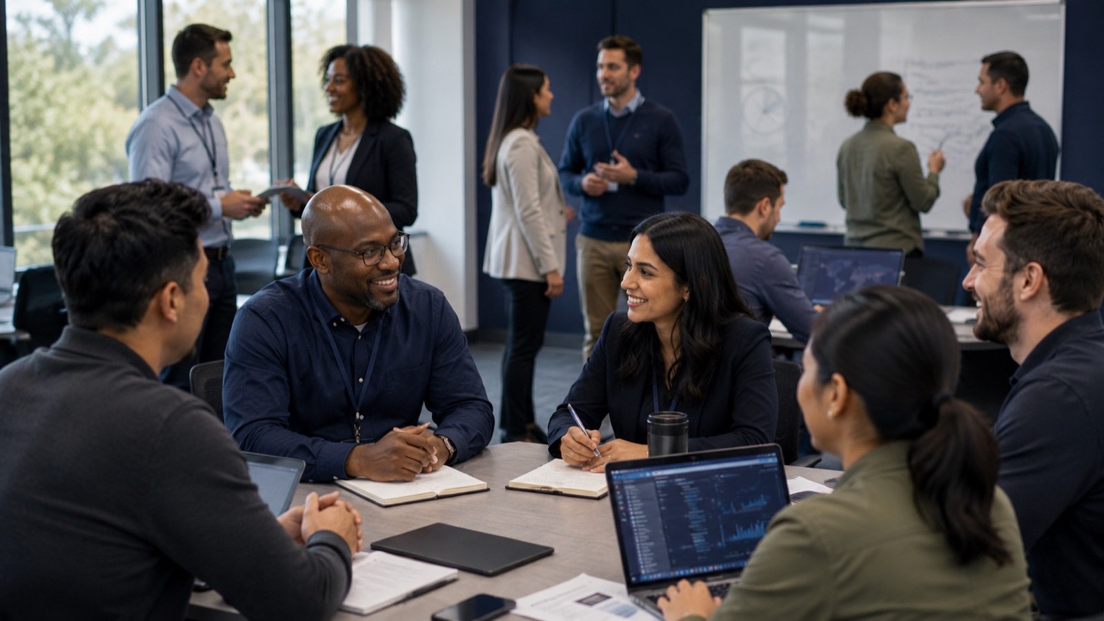 Professionals collaborating and networking at a technology community workshop